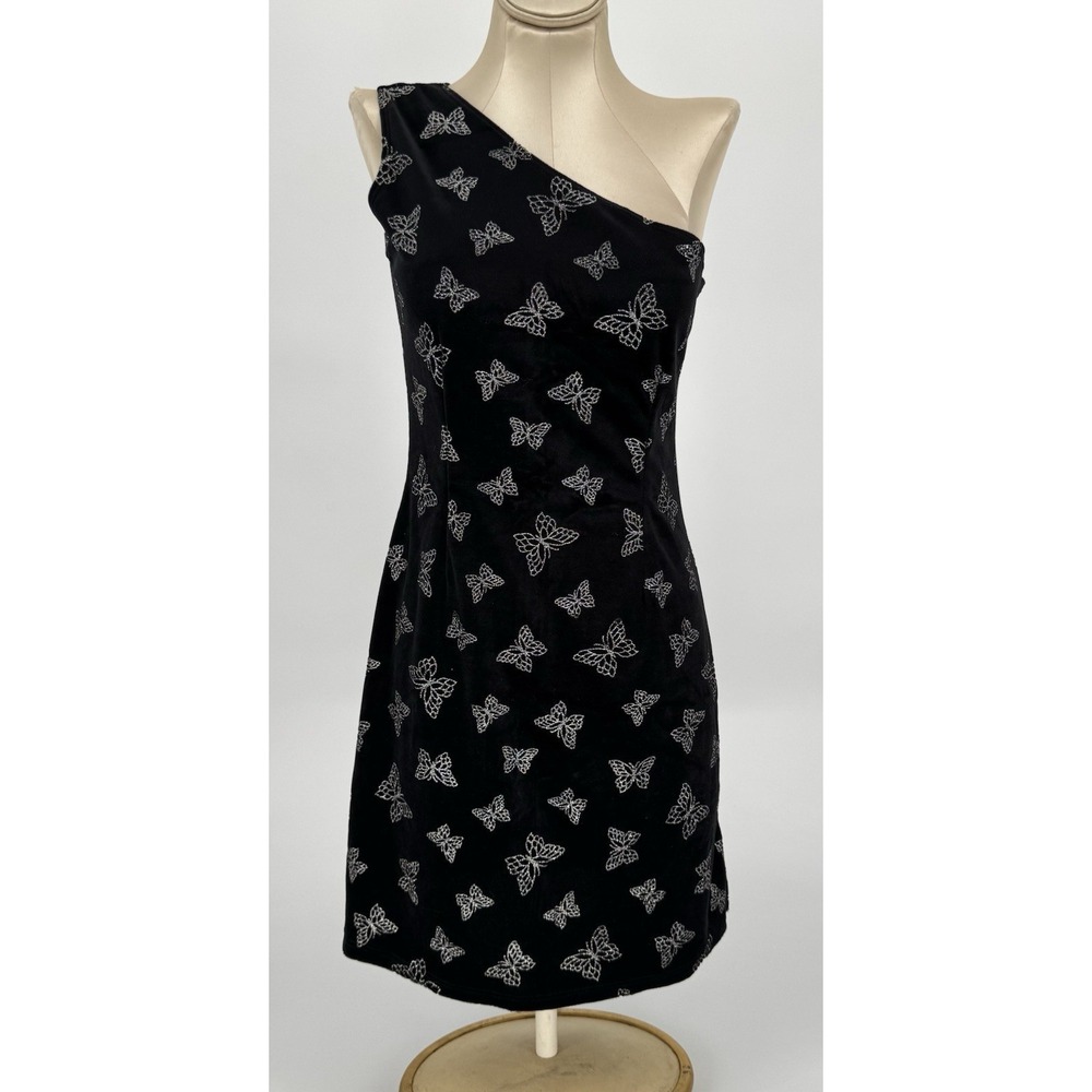 Y2K Gothic Butterfly Mini Dress Black Velvet One Shoulder Glitter Alt Size Large